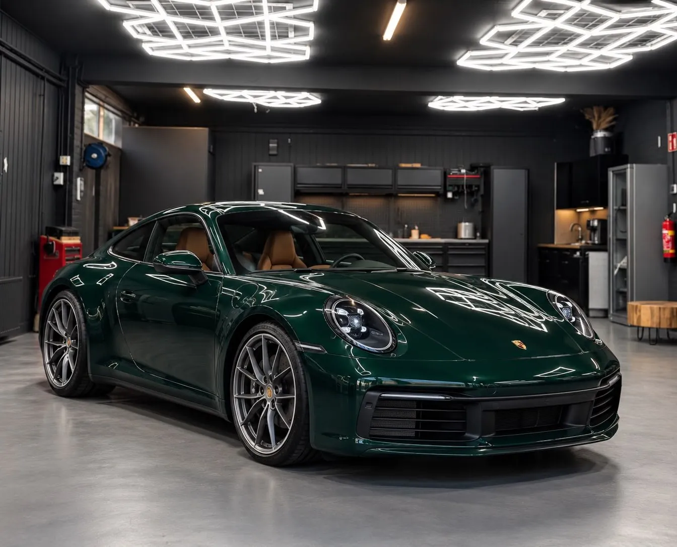Groene sportwagen in een donker, strak verlicht detailingatelier