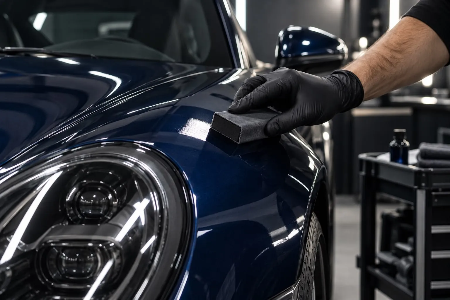 Applicator met coating op de voorkant van een donkerblauwe auto