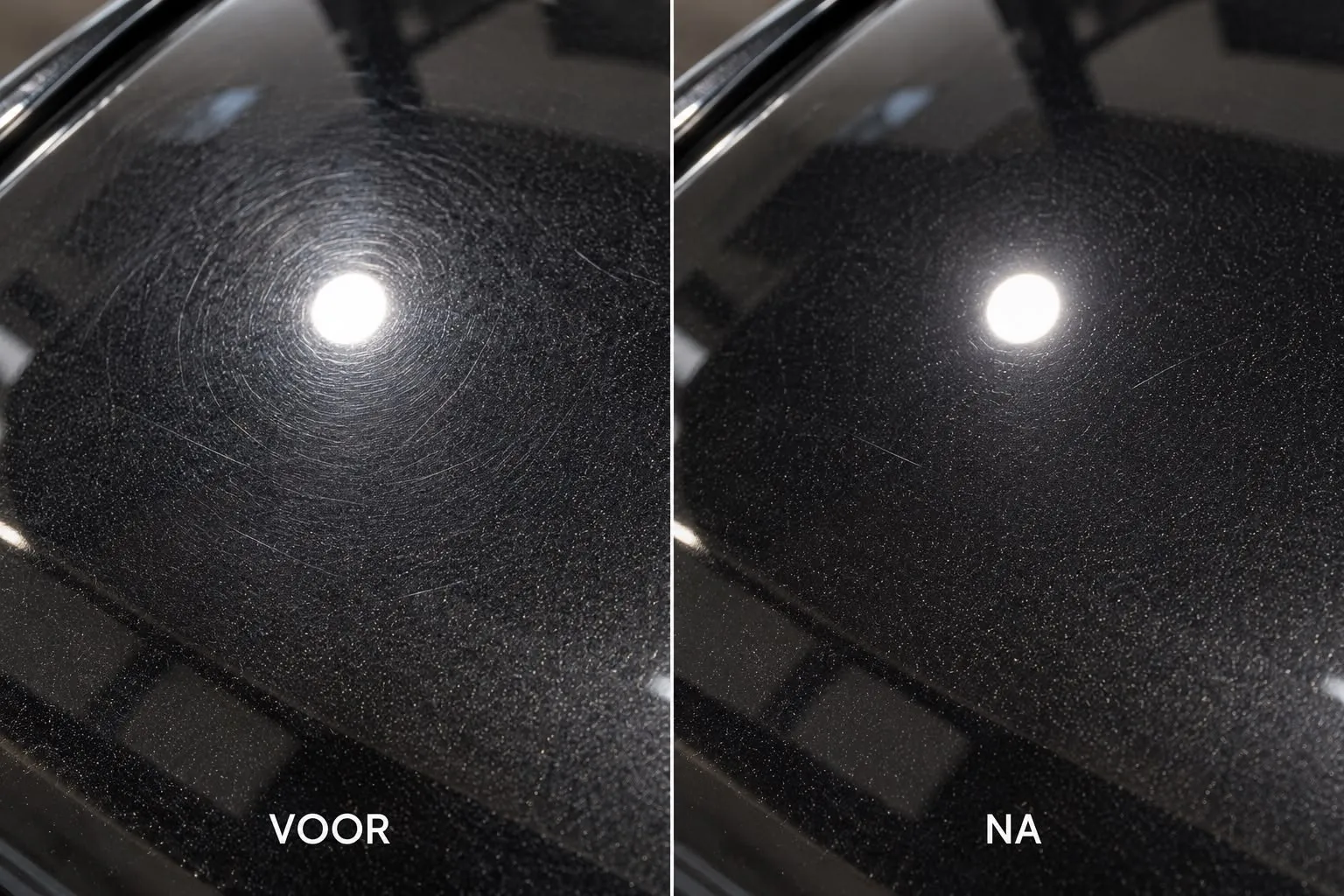 Zwarte lak onder een lamp, links met wascirkels en rechts na het polijsten